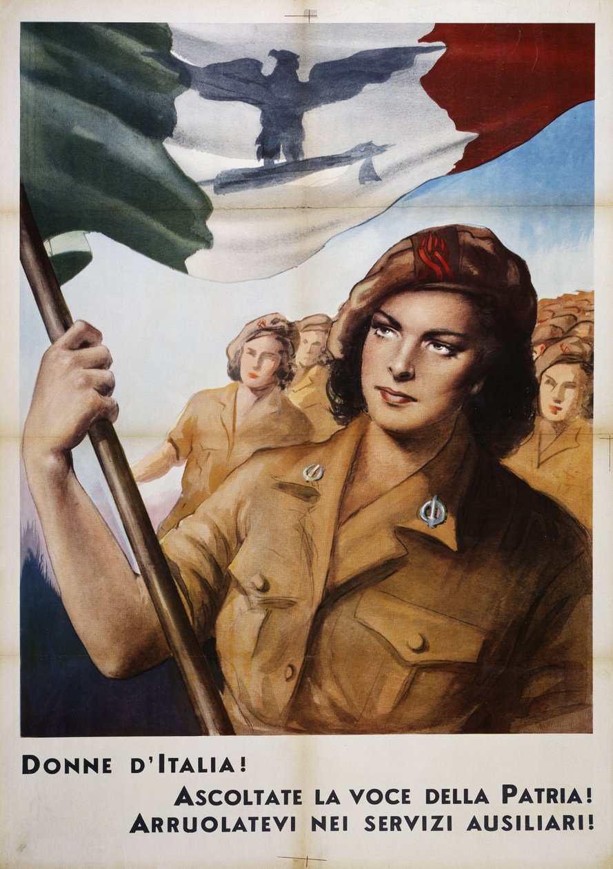 Italiens kvinder lytter til fædrelandets stemme! Meld jer til hjælpetjenester! (Italiens kvinder lytter til fædrelandets stemme! Meld jer til hjælpetjeneste!), propagandaplakat, Italien, 20. århundrede af Italian School