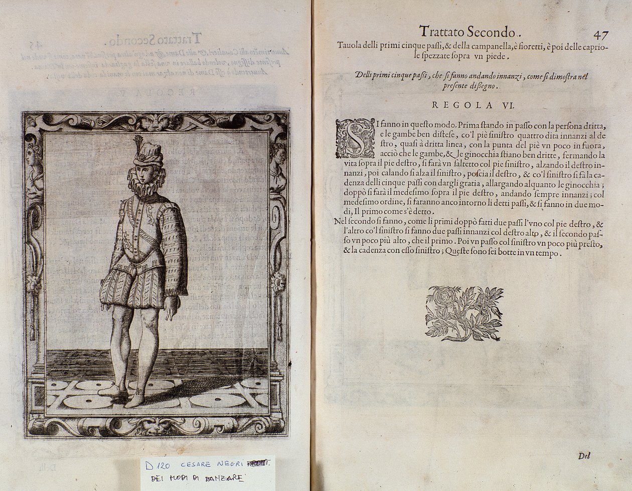 Dobbeltside af Le Gratie dAmore (Le Grazie dAmore) af den italienske danser Cesare Negri kaldet Il Trombone (1536-1604), traktat om dans af Italian School