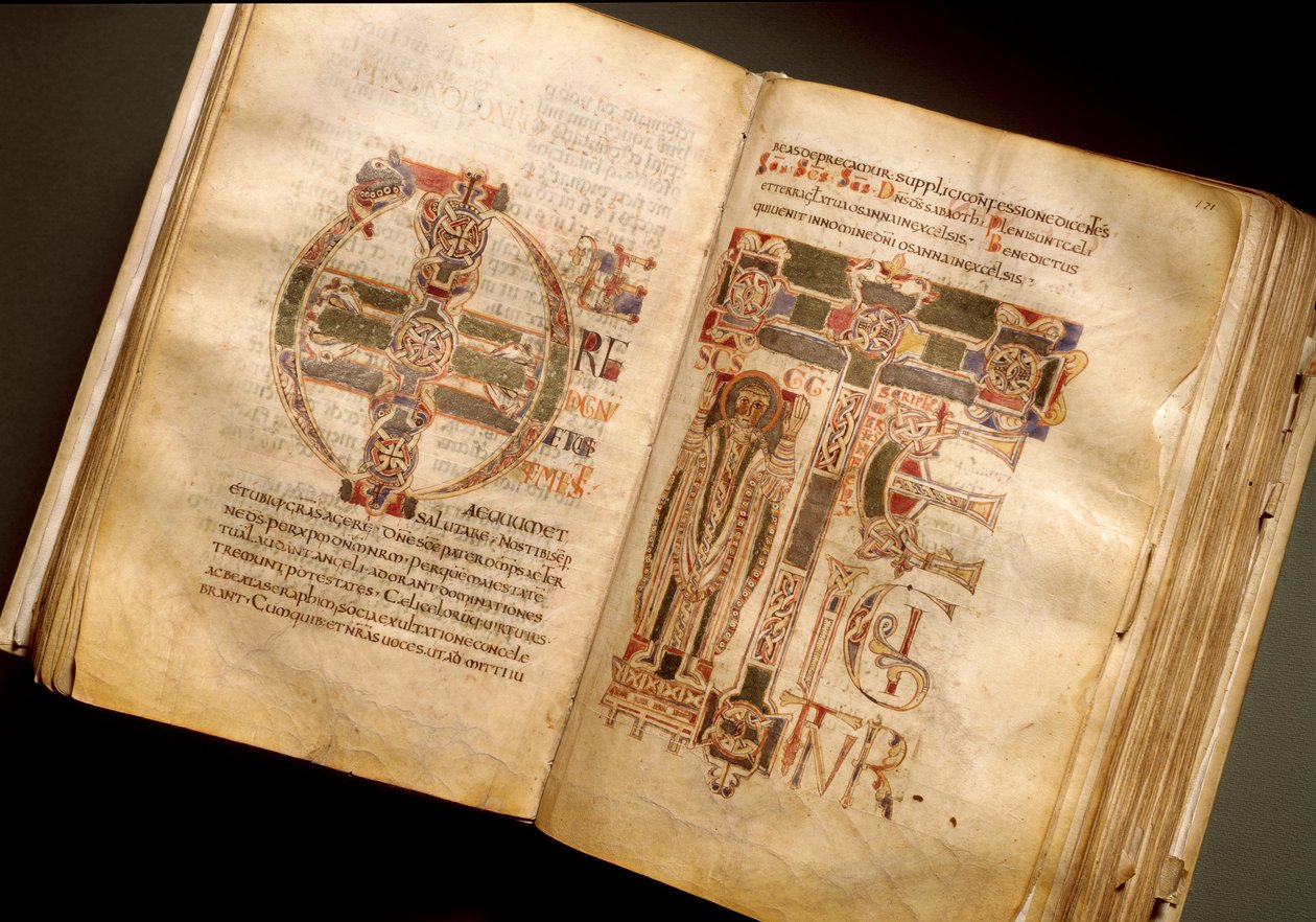 Dobbeltside af et liturgisk manuskript fra det 11. århundrede. (Ms.B 8, folii 170v. 171r.) Fra Sant