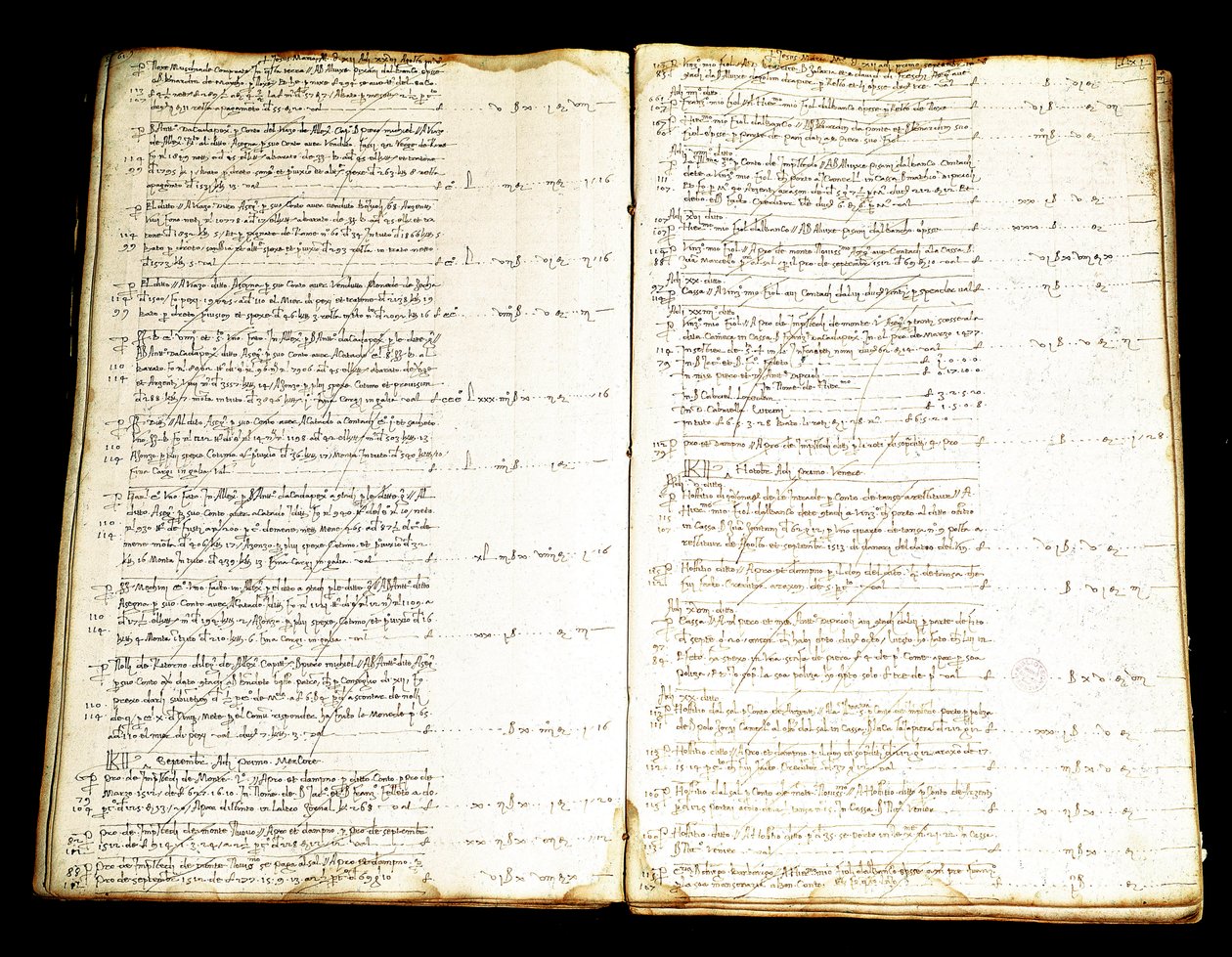 Dobbeltside af et register over konti for Priuli-familien af den venetianske adel, rige handelsmænd med østen. Museo Correr fra det 16. århundrede, Venedig af Italian School
