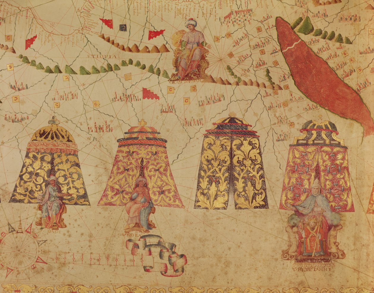 Østafrika og Det Røde Hav med Prester John og de legendariske konger af Afrika, detaljer fra et kort over Middelhavet af Vesconte de Maggiolo, 1563 af Italian School