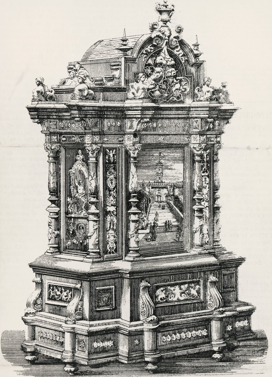 Ibenholt skab med indlæg af møbelsnedker Alessandro Monteneri fra Perugia (aktivt 19.-20. århundrede), illustration fra italiensk udstilling i 1881 i Milano, Italien af Italian School