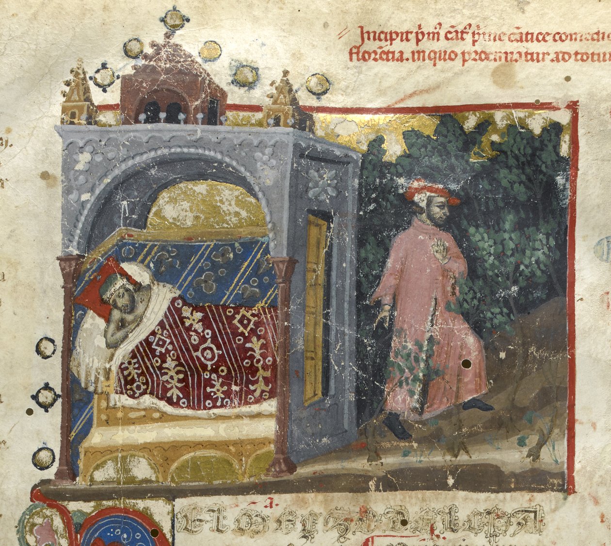 Egerton MS 943 f.3 Inferno: Dantes drøm og hans sjæl, der forlader sin krop, fra 