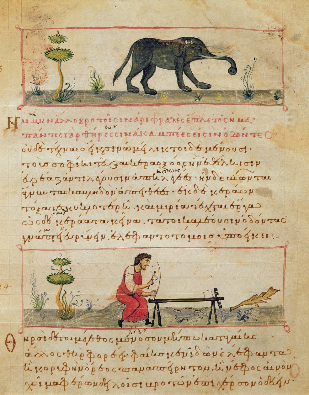 Elefant og traditionelt elfenbensværk, illustration fra Cynegetica af Oppian (tempera på vellum) af Italian School