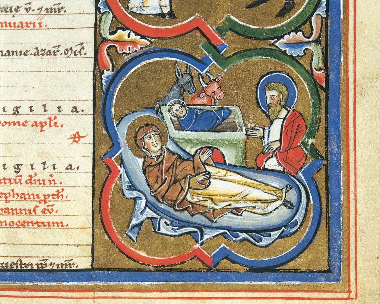 Elizabethansk kalender, december, fødselsdag (pen & blæk, tempera og bladguld på vellum) af Italian School