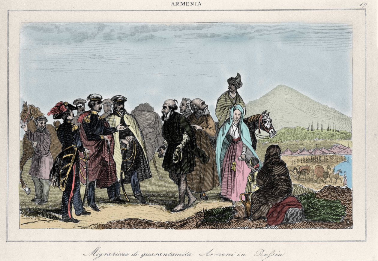 Emigration af armeniere til Rusland. 1800-tals gravering af Italian School