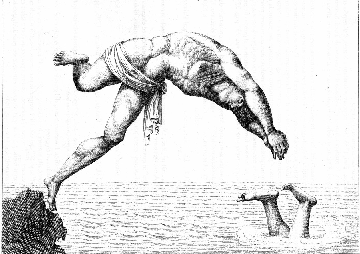 Indgravering af 1794 i "" Den flydende mand, det er den begrundede kunst at svømme "" af Oronzio De Bernardi. Treats of Swimming. af Italian School