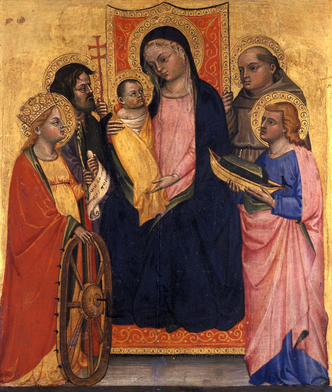 Tronet Madonna og barn med fire hellige, ca. 1400 (tempera på poppeltræ) af Italian School