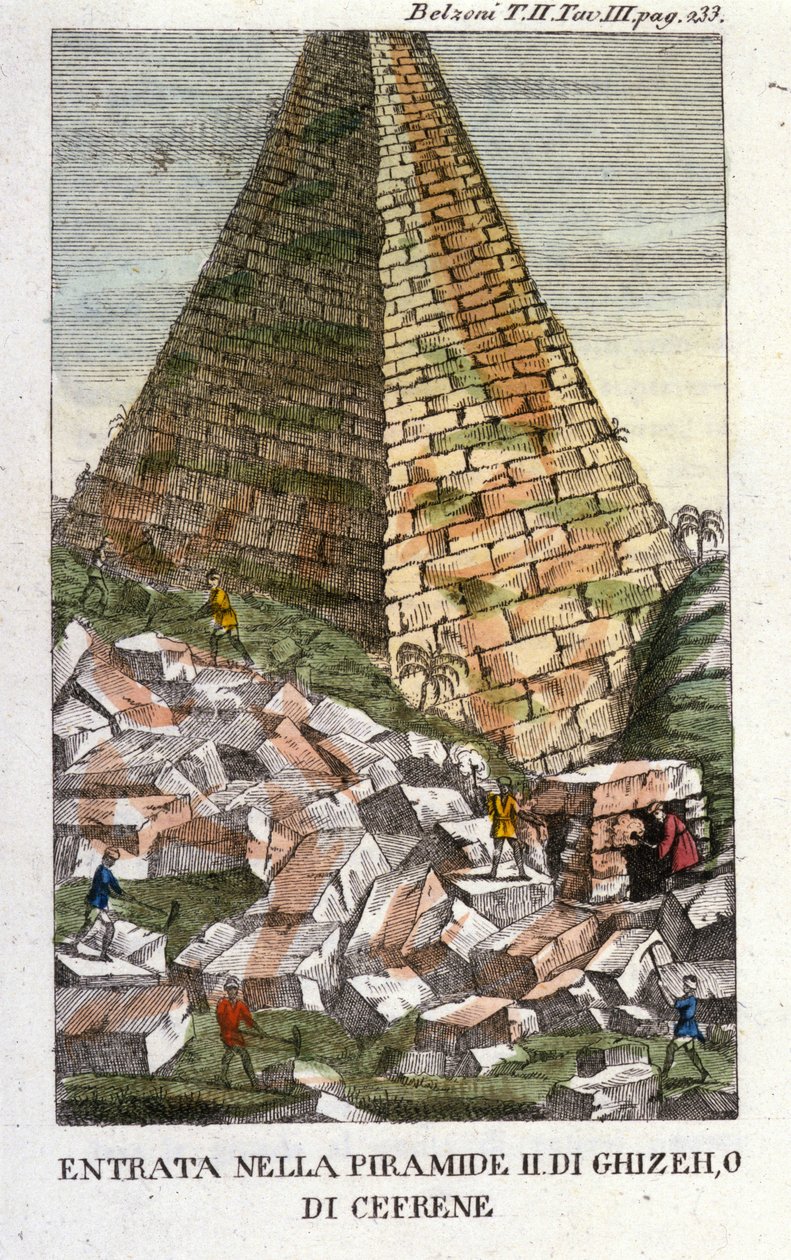 Indgang fra Belzoni til Guizeh-pyramiden (Guiseh, Giza, Giza) eller Chephren (det gamle imperium). Giovanni Battista (Gianbattista) Belzoni (1778-1823), italiensk opdagelsesrejsende og arkæolog, har gjort vigtige arkæologiske opdagelser i Egypten. Graverin af Italian School