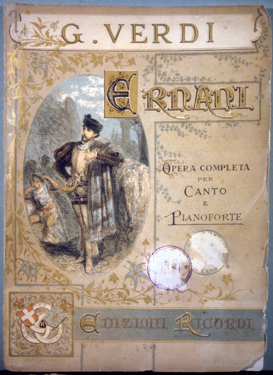 Ernani af Verdi, cover til nodemusikken for sang og klaver, sd 1800-tallet af Italian School