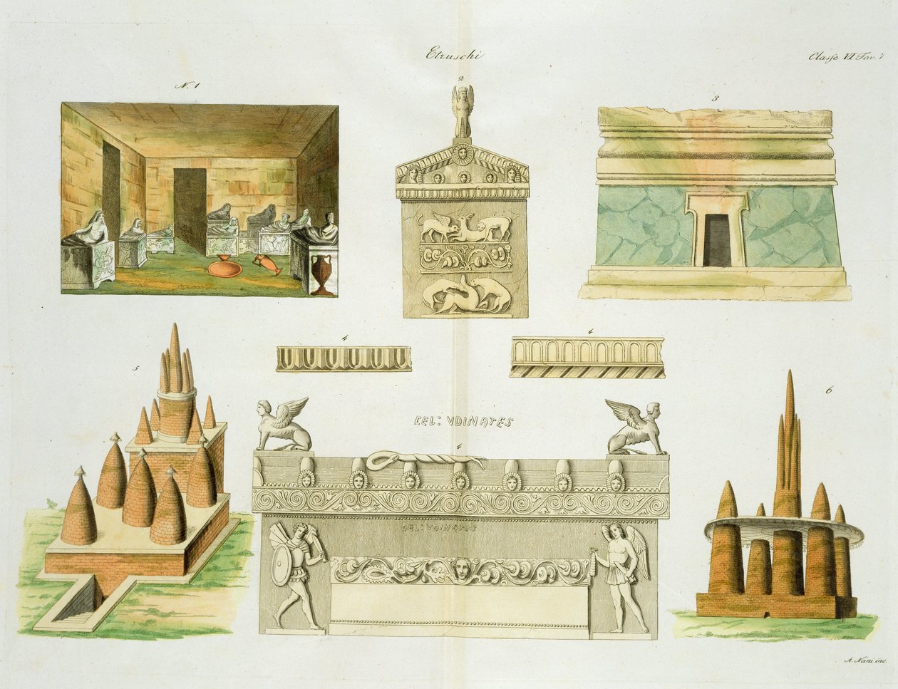 Etruskiske sarkofager og grave, plade 7, klasse 6 fra del I af The History of the Nations, graveret af A. Nani (akvatint) af Italian School