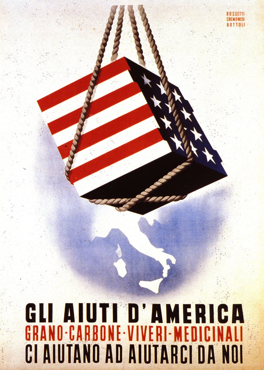 European Recovery Program (ERP) (1948-1952): "Amerikansk hjælp til genopbygning af Europa". Plakat af Rossetti - Cremonesi - Bottoli fra 1948 (plakat) af Italian School