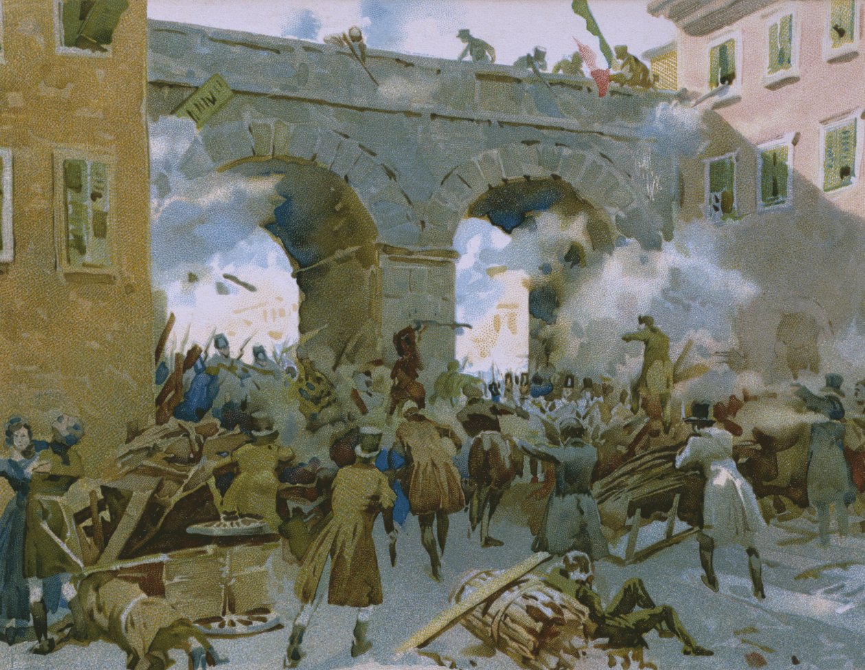 Begivenheder fra 18. til 22. marts 1848, Milanese jager østrigere ud, illustration fra et album om Risorgimentos historie lavet til chokoladen Talmone, slutningen af det 19. århundrede af Italian School