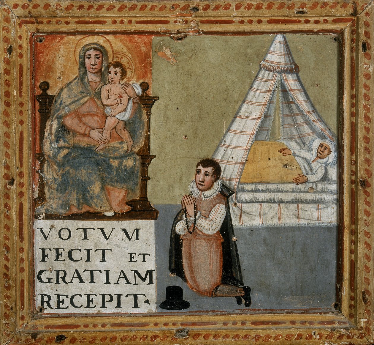 Ex-voto, der skildrer en mand, der takker Jomfruen på sine knæ for at være helbredt fra en sygdom, 1604 af Italian School