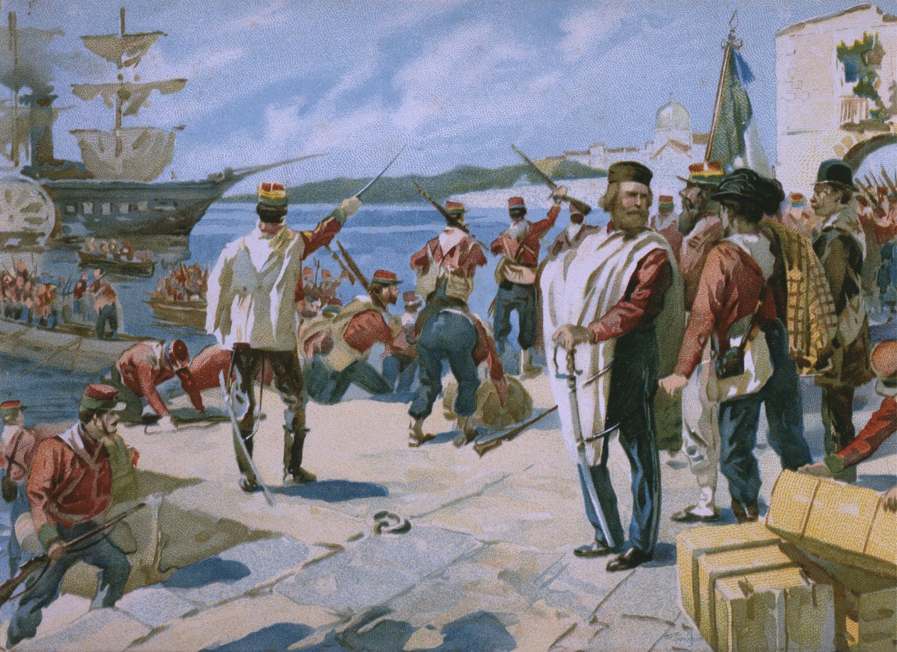 Expedition of the Thousand under ledelse af Giuseppe Garibaldi, landende i Marsala, Sicilien, 1860, illustration fra et album om Risorgimentos historie lavet til chokoladen Talmone, sent af Italian School
