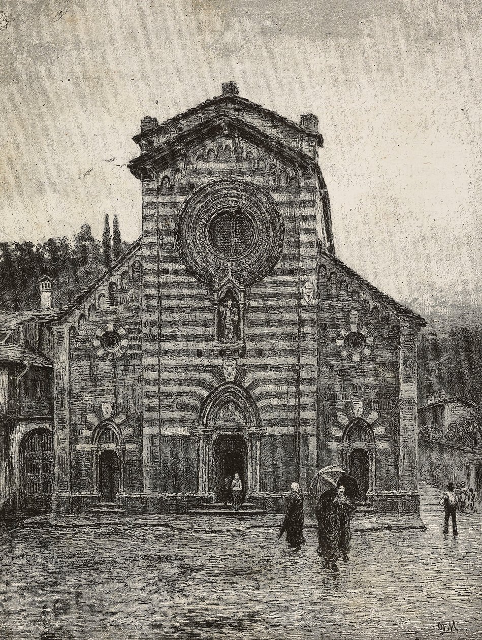 Facade af Bellano katedral, Comosøen, Italien, gravering fra tegning af Quinto Michetti, fra L