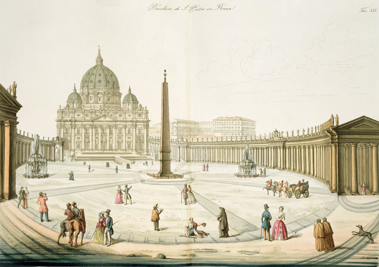 Facaden af St. Peters i Rom med Piazzaen foran, plade 25 fra Del III af Nationernes Historie, indgraveret af G. Lago af Italian School