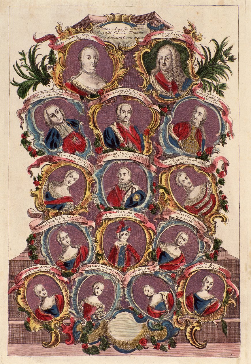 Stamtræ for kejserinde Maria Theresia af Habsburg (1717-1780) med mand Frans I med børn: Maria Elizabeth, Joseph II, Maria Amalia, Leopold II, Ferdinand og Maximilian af Italian School