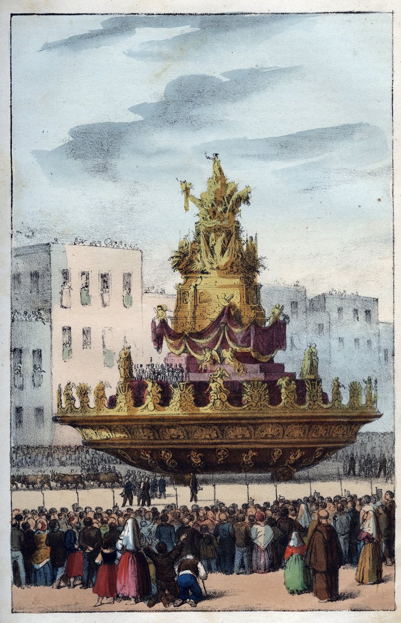 Fest for Santa Rosalia af Palermo (1130-1160), skytshelgen for Palermo - Festen for Santa Rosalia - (skytshelgen for Palermo i Italien) Festen for Santa Rosalia i Palermo på Sicilien - Fest for Santa Rosalia - gravering fra " "Tutts brug og skikke af Italian School