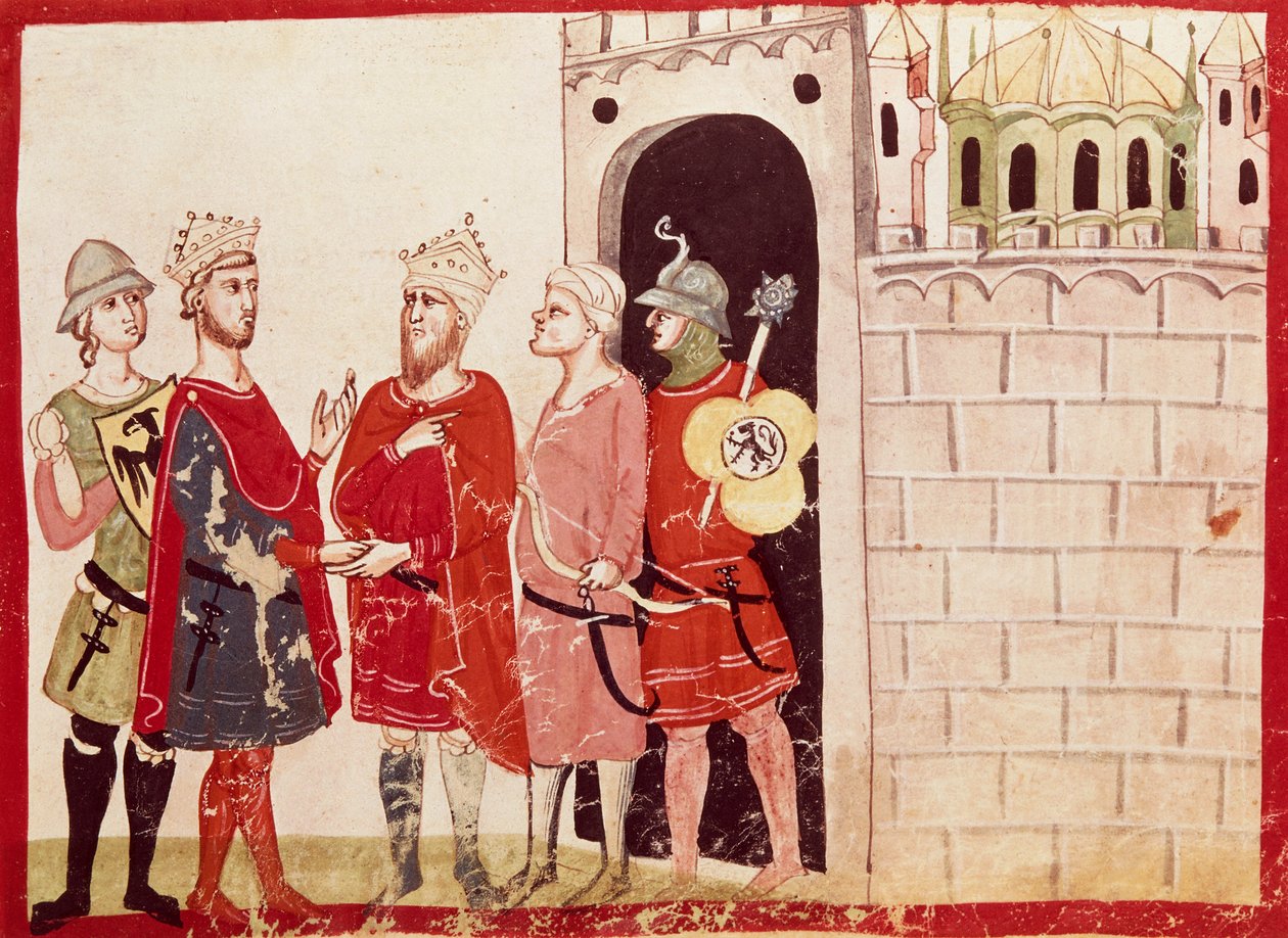Federico II opnår en aftale med sultanen af Jerusalem, miniature fra Giovanni Villanis krøniker, manuskript, Italien 14. århundrede. af Italian School