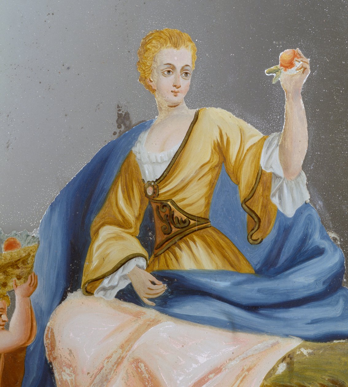 Kvindefigur, Detalje fra romersk spejl med malet scene, ramme af udskåret og forgyldt træ, Italien af Italian School