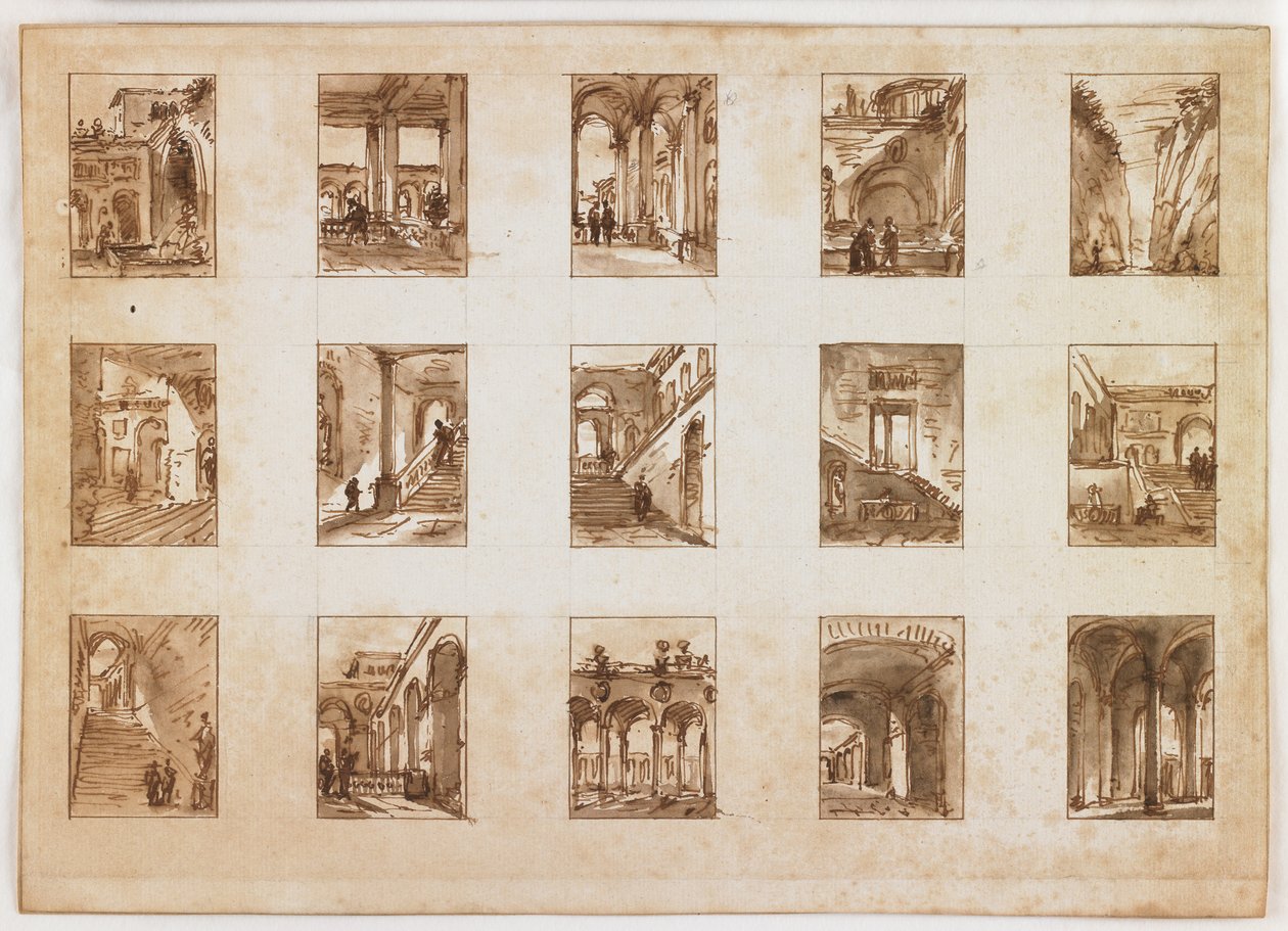 Femten Miniature Architectural and Italian Views (pen og brunt blæk med vask over grafit på papir) af Italian School