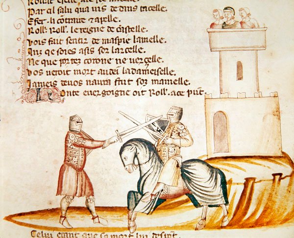 Kæmp mellem en bereden soldat og en soldat til fods, fra Codex Entree dEspagne af Italian School