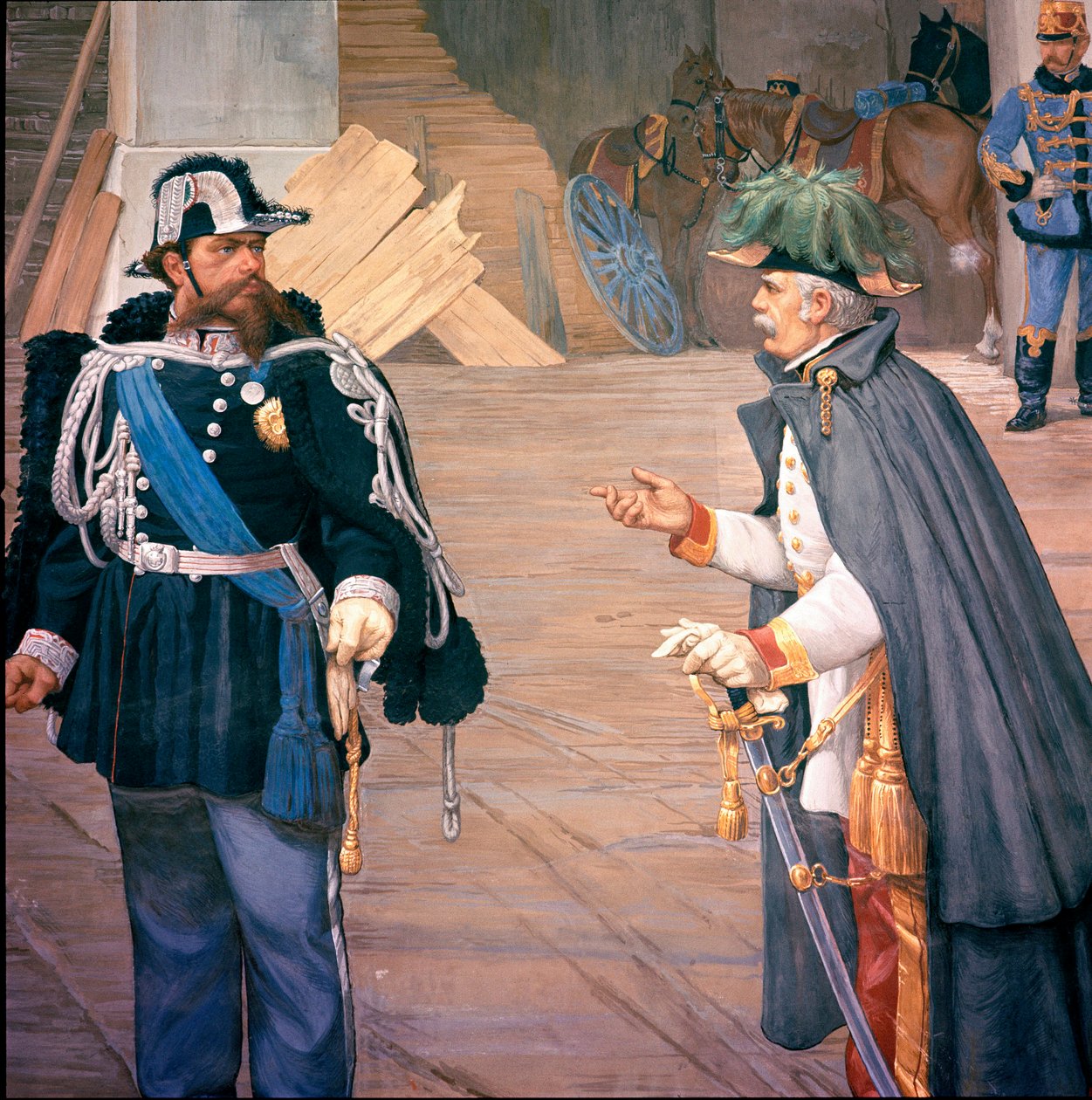Første italienske uafhængighedskrig: "" slaget ved Novara (Novara) den 13/09/1849"" Også kaldet slaget ved Bicoque. Vittorio Emanuele (Victor Emmanuel) (Victor-Emmanuel) II (1820-1870) og Joseph Radetzky (1766-1858) efter slaget. Detalje af en fresc af Italian School