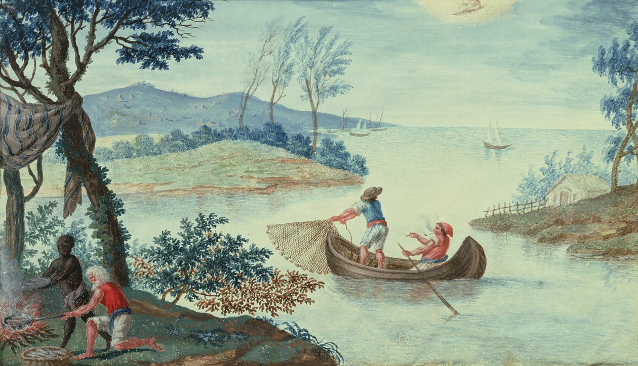 Fiskescene, der skildrer juli måned, en af en serie på tolv (wc) af Italian School
