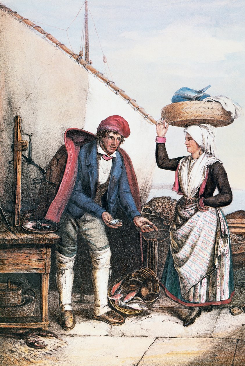 Fiskehandler og bonde, illustration fra Costumes of Istria, Italien af Italian School