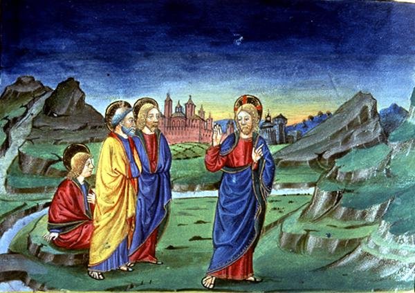Fol.103v Efter forvandlingen beder Kristus apostlene om ikke at afsløre denne kendsgerning før efter opstandelsen (vellum) (se 142186) af Italian School