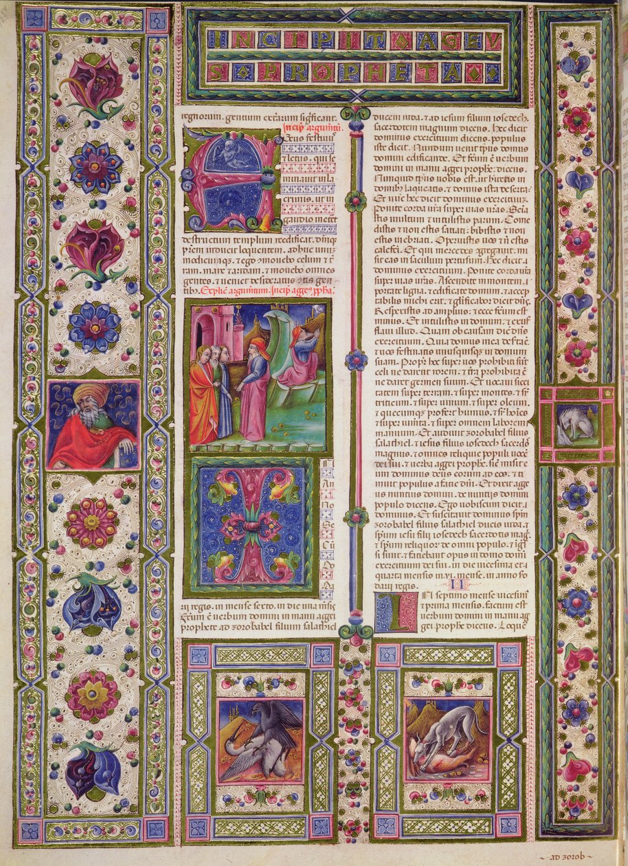 Fol.103v Profeten Haggais bog (en profet, der i det 6. århundrede f.Kr. hjalp jøderne med at rekonstruere templet), fra Borso d