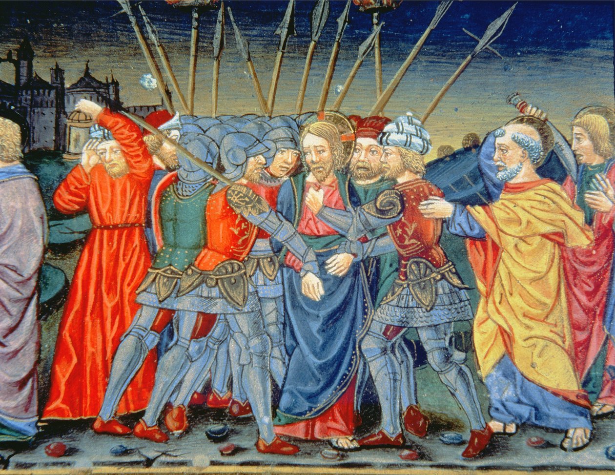 Fol.105v Simon Peter forsvarer Kristus og sårer en soldat med et sværd (vellum) af Italian School