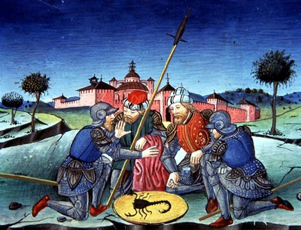 Fol.118v Soldater kaster lod om Kristi tunika (vellum) af Italian School