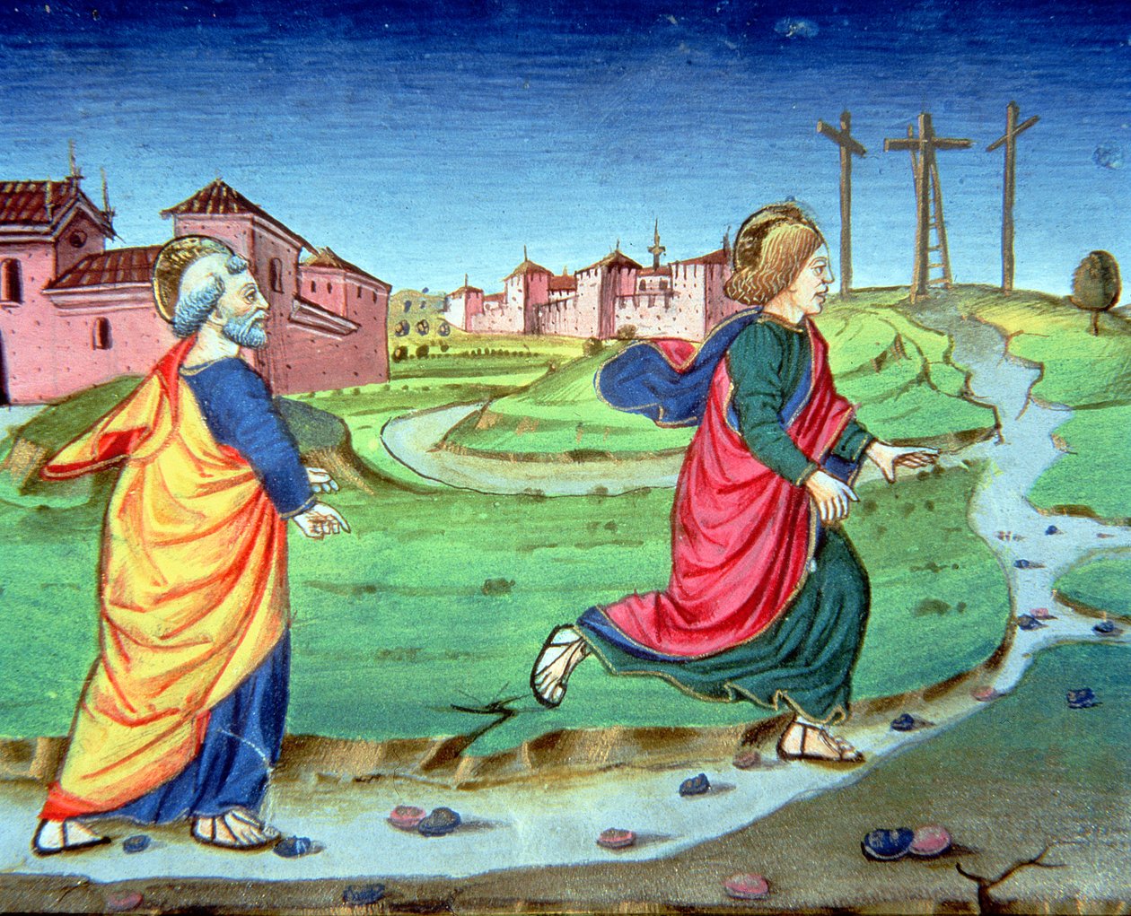 Fol.129vb Maria Magdalene giver nyheden om opstandelsen til Simon Peter (vellum) af Italian School
