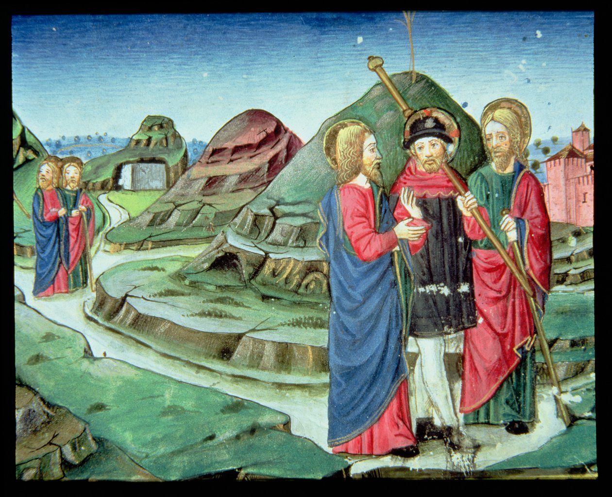 Fol.130v Kristus ledsager to disciple til Emmaus uden at de ved, at det er ham (vellum) af Italian School