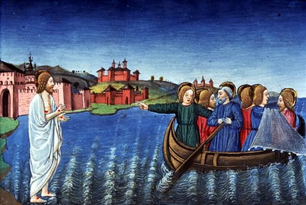 Fol.134r Disciplene fisker i Galilæa-søen (vellum) af Italian School