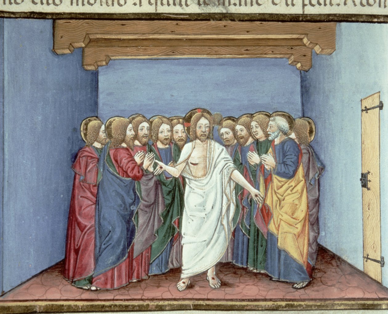 Fol.135v Jesus viser sig for disciplene samlet under ét tag af frygt for dommerne (vellum) af Italian School