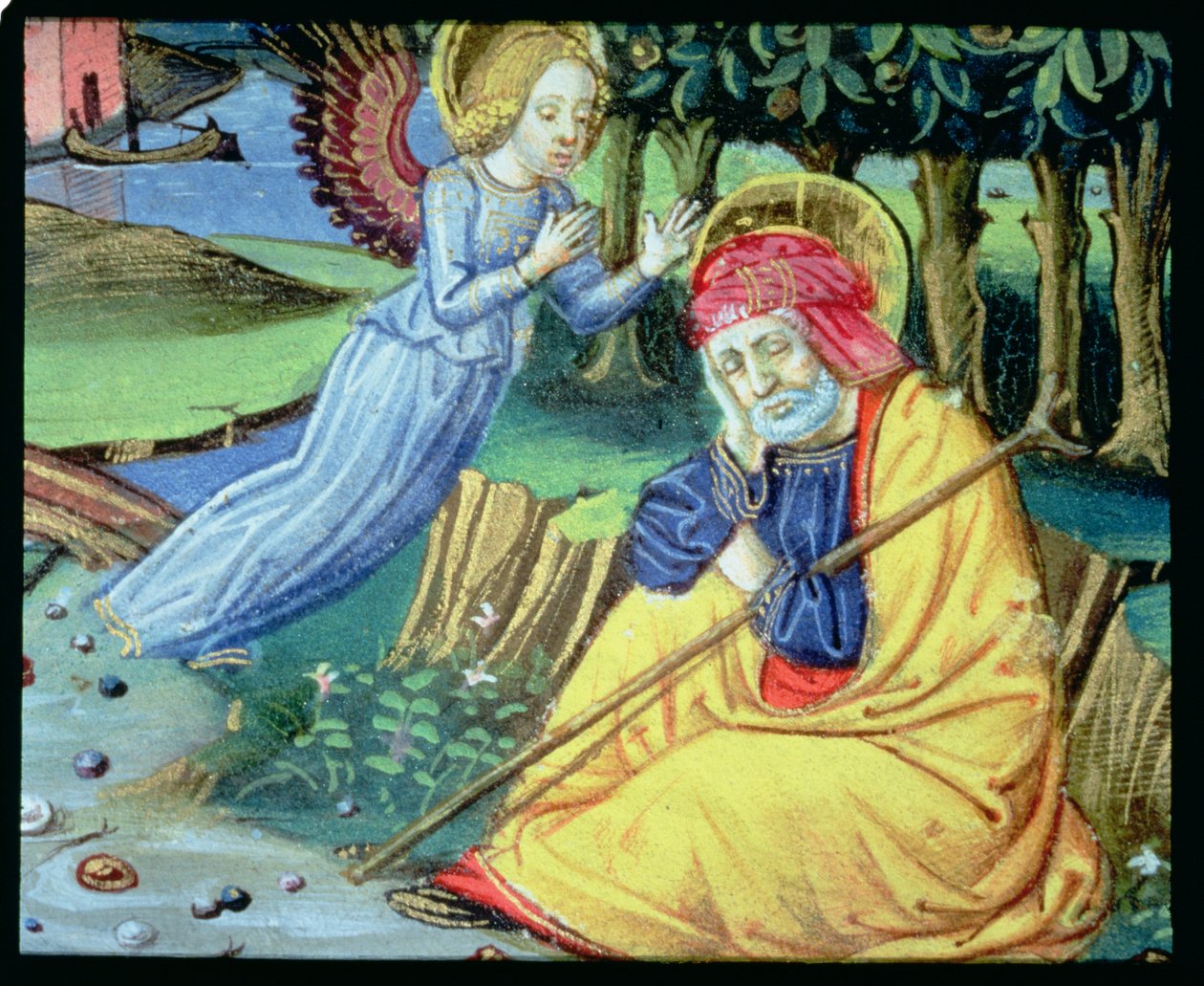 Fol.37v En engel fortæller Josef, at Maria er med barn (vellum) af Italian School