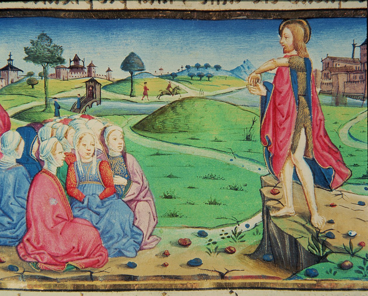 Fol.44r Johannes Døberen prædiker og døber (vellum) af Italian School