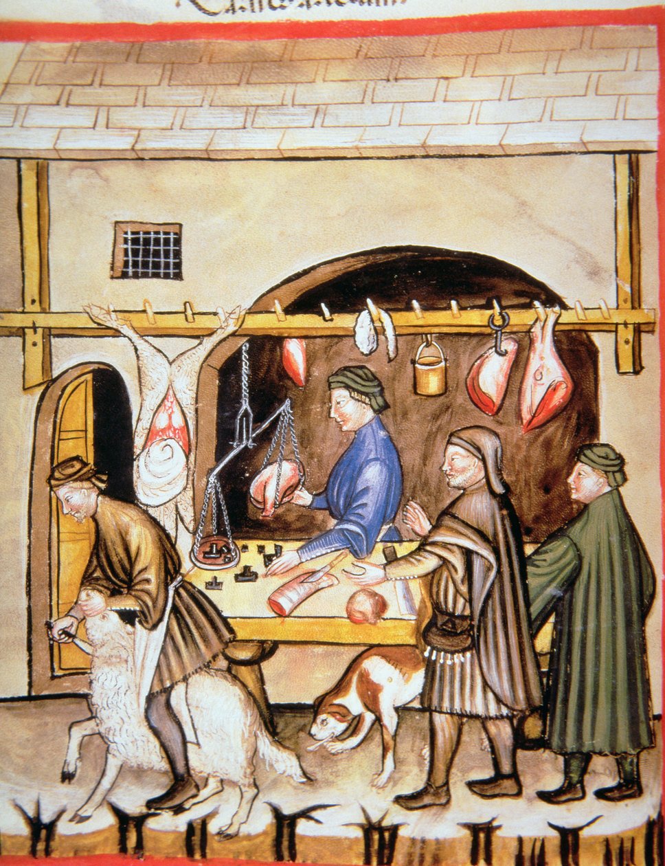 Fol.72v The Butchers: Selling Mutton, illustration fra Tacuinum Sanitatis af Italian School