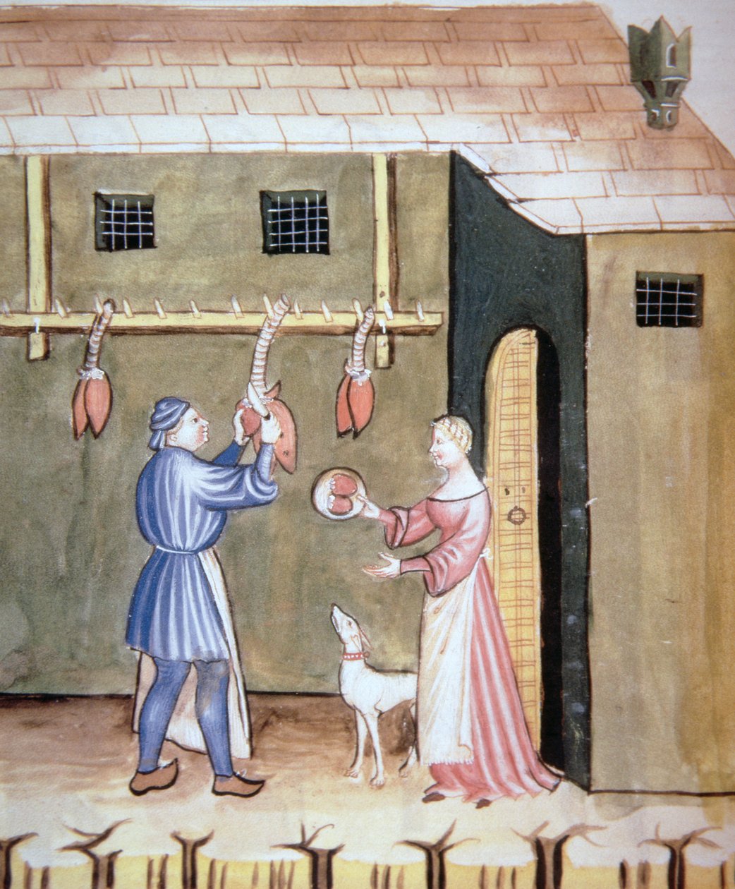 Fol.78v The Butchers: Selling Animal Hearts, fra Tacuinum Sanitatis Codex Vindobonensis af Italian School