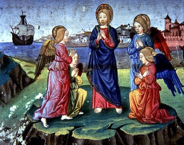 Fol.83r Kristus er beskyttet af en kreds af engle (vellum) af Italian School