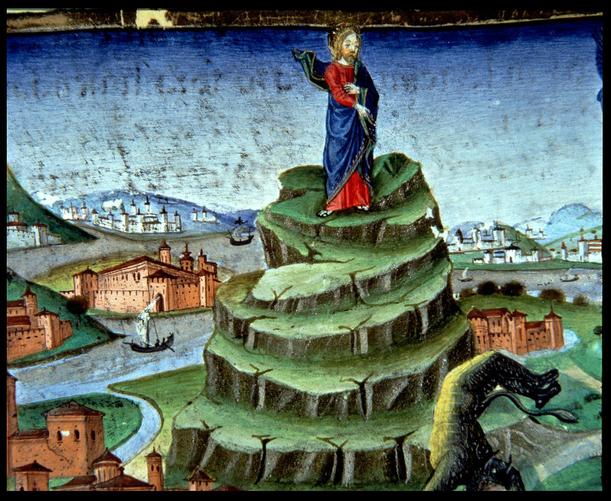 Fol.84r Djævelen frister Kristus for anden gang på bjerget (vellum) af Italian School