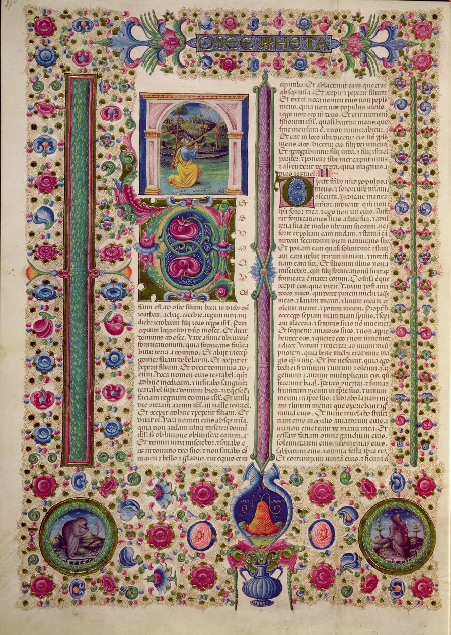 Fol.87v Åbning af profeten Hoseas Bog (en mindre profet, der prædiker mod afgudsdyrkende jøder), fra Borso d