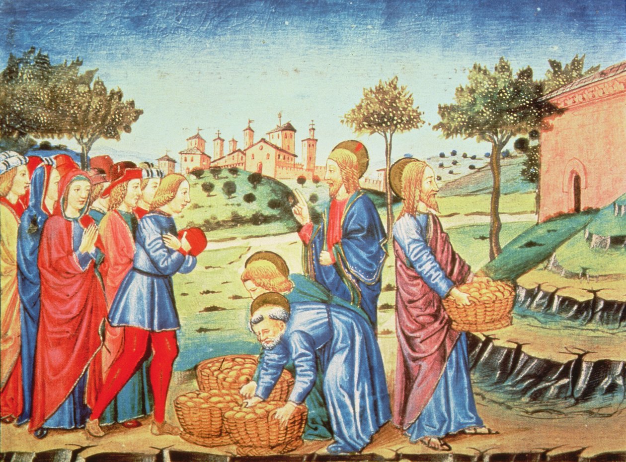 Fol.90v Kristus og miraklet med de fem brød og to fisk (vellum) af Italian School