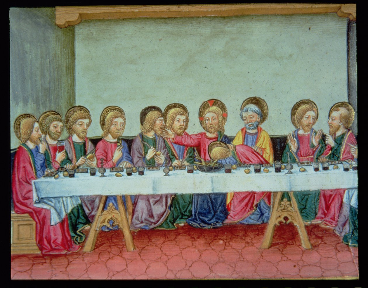 Fol.99v Under den sidste nadver bekendtgør Kristus, at en af apostlene vil forråde ham (vellum) af Italian School