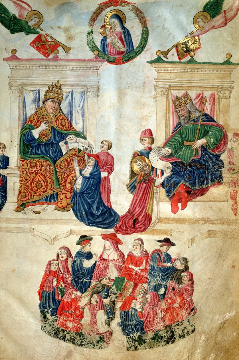 Stiftelsen af universitetet i Bologna af kejser Theodosius II (408-450) og de privilegier, der er tildelt af pave Paul II (1417-71) (vellum) af Italian School