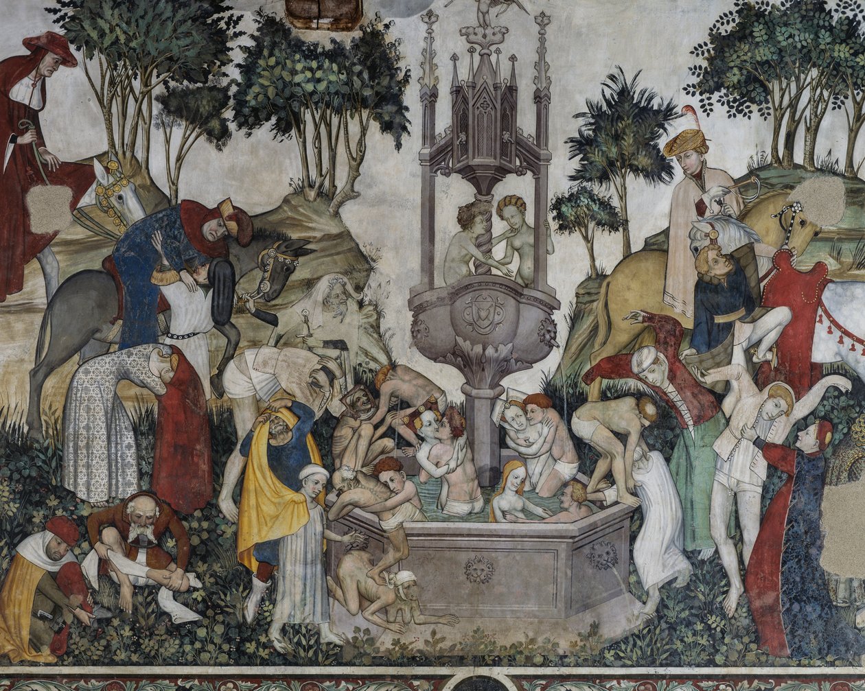 Fountain of Youth, detalje fra Fountain of Youth, fresco i Baronial Hall, Castle of Manta, Saluzzo, Piemonte, Italien af Italian School