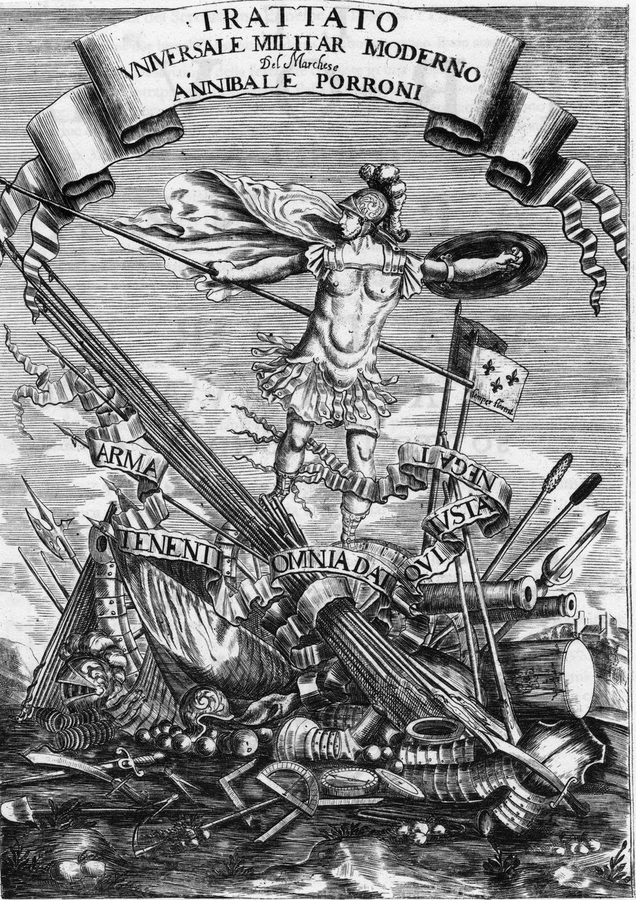 Frontispice af "Modern Universal Military Treaty" "(Modern Universal Military Treaty) fra 1676 af Italian School